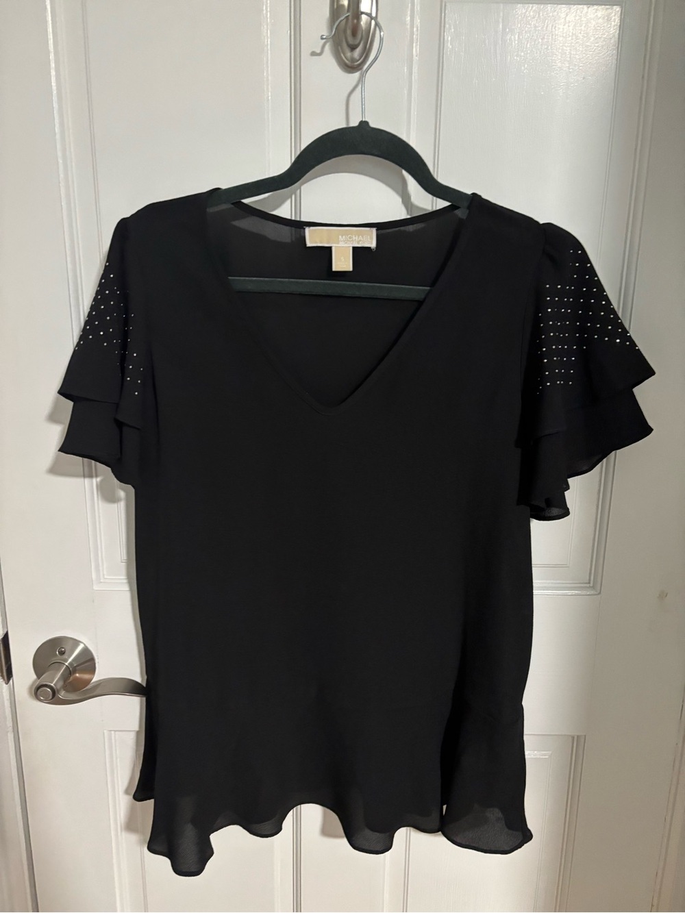 Michael Kors Black V-Neck Ruffle Sleeve Blouse with Stud Accents